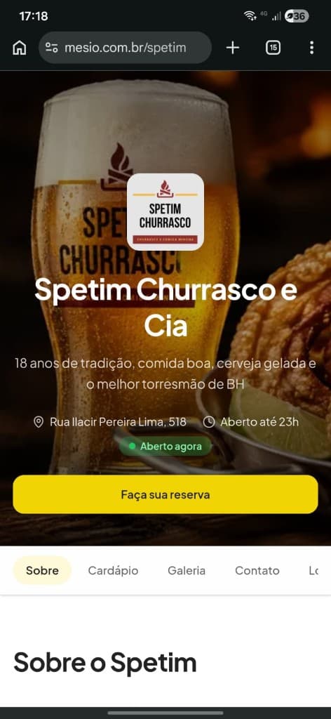 Landing page mobile do restaurante Spetim na Mesio